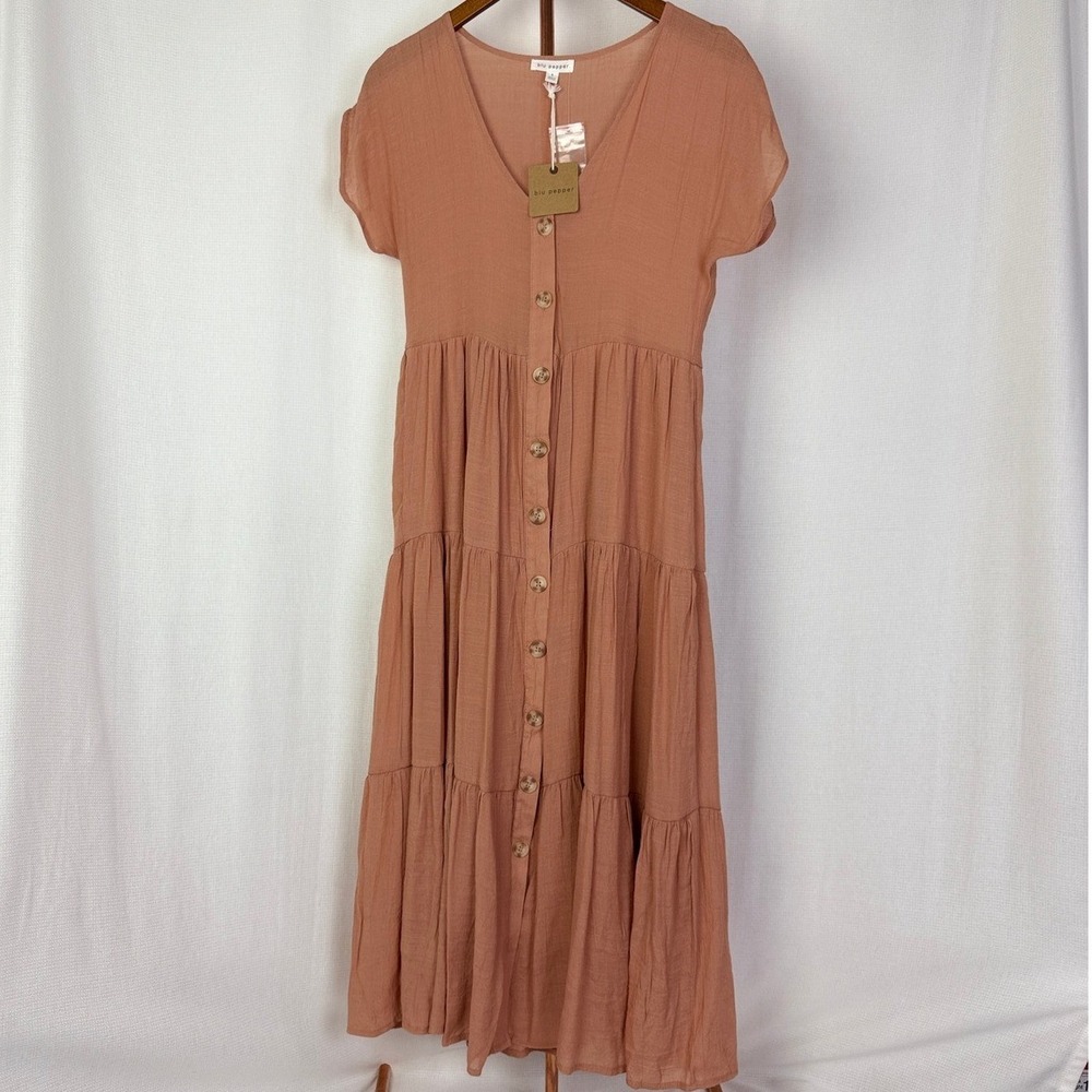 Blu Pepper‎ Women's Tiered Button Front Midi Dress - Casual Summer Sundress Sz S